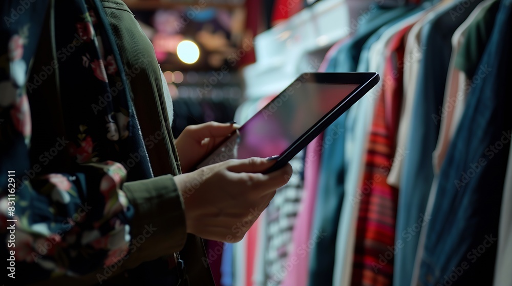 Female business owner holding tablet computer in clothes shop : Generative AI Female business owner holding tablet computer in clothes shop : Generative AI