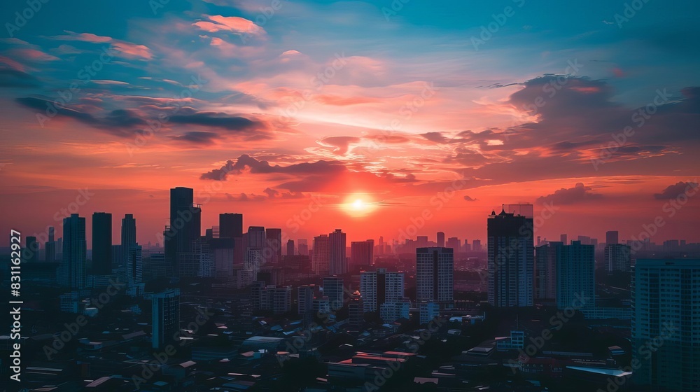 Fototapeta premium breathtaking sunset sky over silhouetted cityscape dramatic urban landscape photography