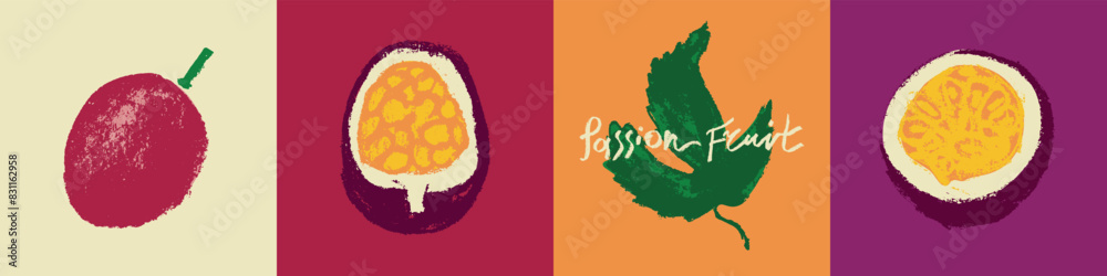 Passion fruit signs in hand drawn style with rough charcoal texture. Colorful granadilla icons for cosmetics, yogurt, fruits puree label. Hand lettering passion fruit. Symbols set of passion fruit. Passion fruit signs in hand drawn style with rough charcoal texture. Colorful granadilla icons for cosmetics, yogurt, fruits puree label. Hand lettering passion fruit. Symbols set of passion fruit.