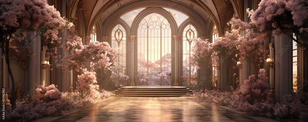 Serene Blossoming Hall, A tranquil hall adorned with blooming flowers and grand arches, bathed in soft, golden light. Serene Blossoming Hall, A tranquil hall adorned with blooming flowers and grand arches, bathed in soft, golden light.
