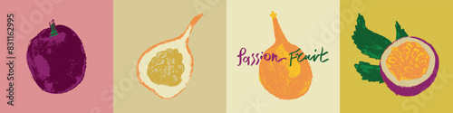 Passion fruit signs in hand drawn style with rough charcoal texture. Colorful granadilla icons for cosmetics, yogurt, fruits puree label. Hand lettering passion fruit. Symbols set of passion fruit.