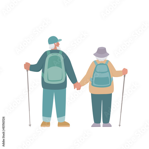 Senior man and woman with backpacks and hiking poles are standing. Back view. Vector isolated color illustration in flat style.