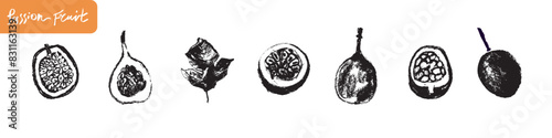 Passion fruit signs in hand drawn style with rough charcoal texture. Granadilla icons for cosmetics, yogurt, fruits puree label. Hand lettering passion fruit. Symbols set of passion fruit.