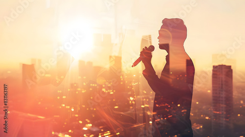 confident public speaker with microphone, watching city horizon. double exposure, oratory city background. space for your speaking message. wide, sunset effect. generative ai photo