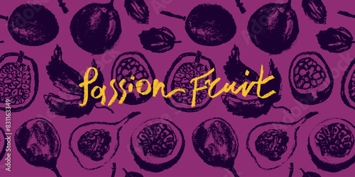 Pattern passion fruit seamless. Pastel hand drawn granadilla illustrations. Exotic fruits ornament. Granadilla background for cosmetics, fruits puree or juice label. Vector fabric passion fruit print.