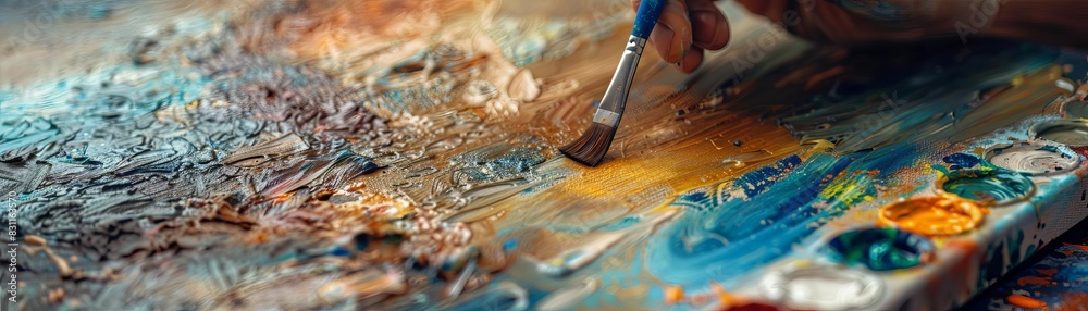 Fototapeta premium A painter restoring an old painting, close up, preservation theme, realistic, overlay, conservation lab backdrop