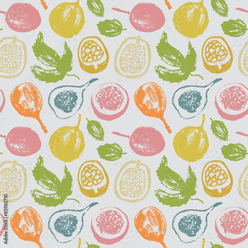 Pattern passion fruit seamless. Pastel hand drawn granadilla illustrations. Exotic fruits ornament. Granadilla background for cosmetics, fruits puree or juice label. Vector fabric passion fruit print.