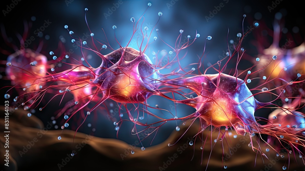 This image features a highly detailed 3D illustration of vibrant neurons with extended axons and dendrites This image features a highly detailed 3D illustration of vibrant neurons with extended axons and dendrites