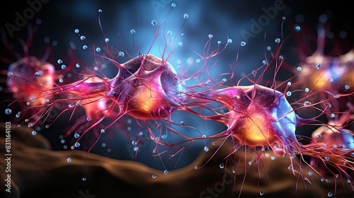 This image features a highly detailed 3D illustration of vibrant neurons with extended axons and dendrites photo