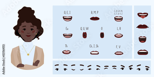 Business office plus size woman avatar creation suitable for animation. Generator, constructor of diverse eyes, lips, emotion expression mouth animation and lip sync. Woman character face construction
