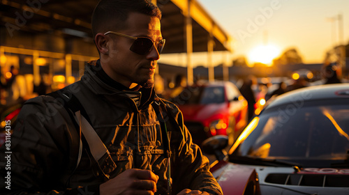 A professional racer with blurred face stands confidently at a motorsport race track during sunset