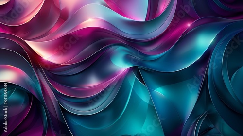 A sleek, futuristic background with shiny, interlocking triangles, vibrant circles, and flowing curve lines in shades of teal and magenta. Minimal and Simple style photo