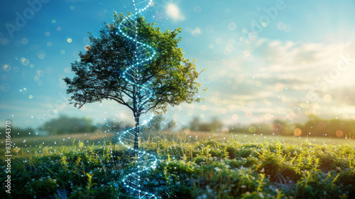 An expansive field with a single tree in the center, overlaid with a translucent image of DNA strands, illustrating the genetic links and natural beauty of the environment. The background features a photo