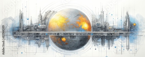 Techno-Surreal Visions of a Warming World: Detailed Symmetrical Pencil Sketch with Futuristic Grids and Surreal Effects