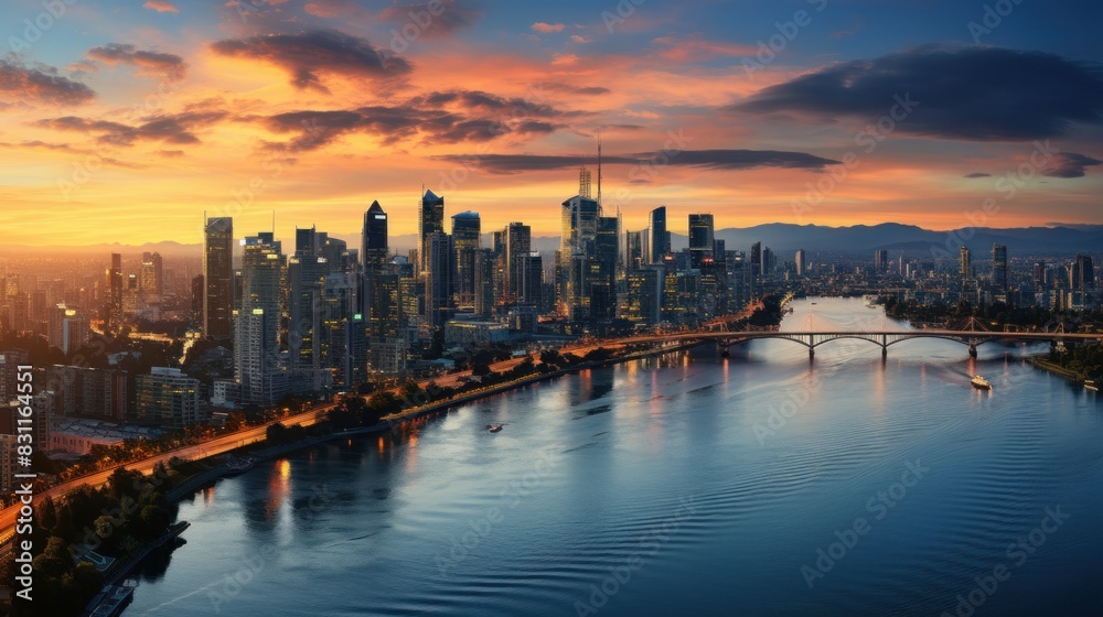 A panoramic cityscape of a bustling metropolis at dusk with illuminated skyscrapers along a tranquil river