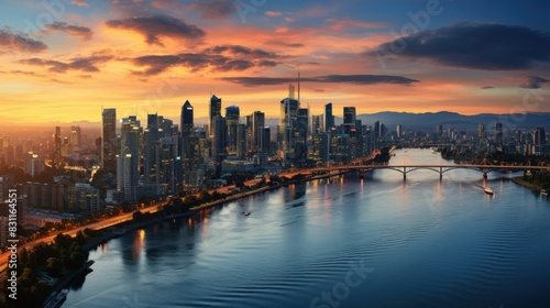 A panoramic cityscape of a bustling metropolis at dusk with illuminated skyscrapers along a tranquil river © AS Photo Family