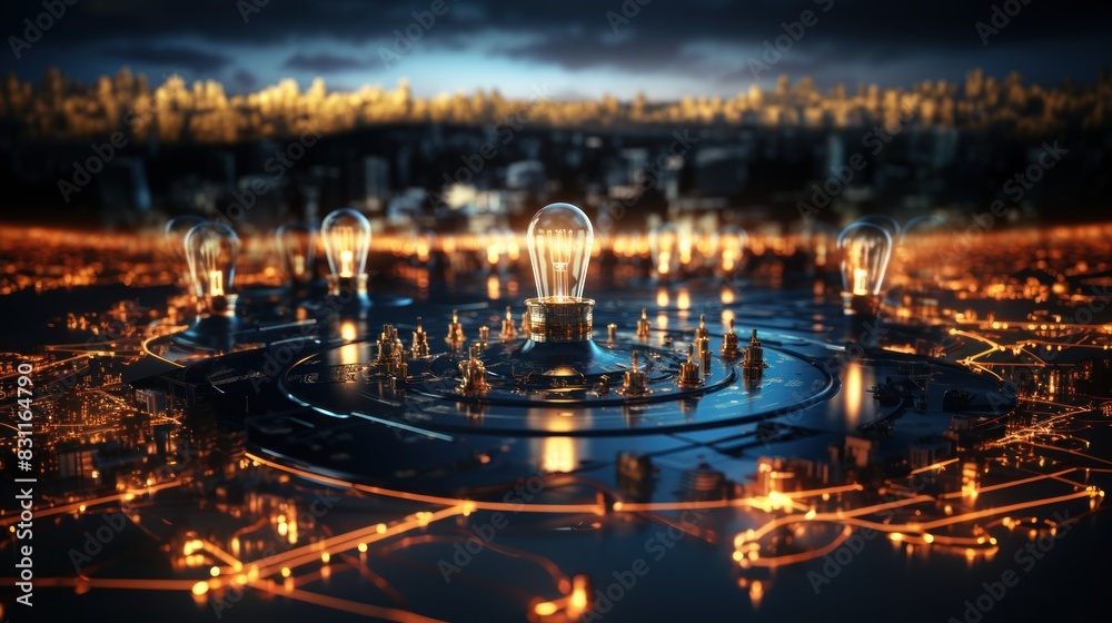 An artistic representation of illuminated light bulbs on a circuit board pattern with a cityscape concept, conveying innovation and connectivity