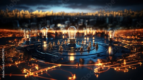 An artistic representation of illuminated light bulbs on a circuit board pattern with a cityscape concept  conveying innovation and connectivity