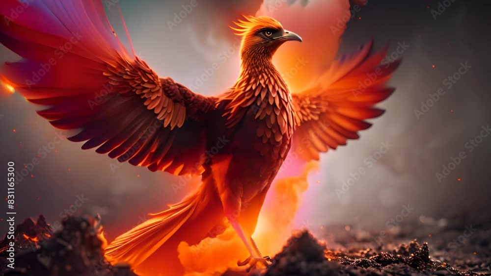 Phoenix Bird With Orange Wings Standing on Fire Generative AI Phoenix Bird With Orange Wings Standing on Fire Generative AI