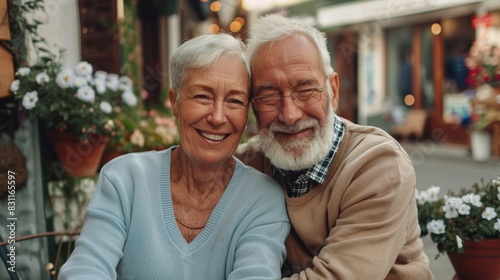 The elderly couple outdoors