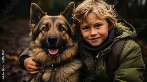 Warm photo of a young boy embracing his loyal German Shepherd in nature photo