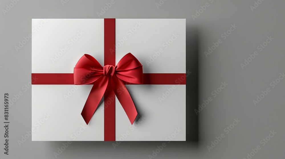 conceptual blank white gift card with red ribbon bow on grey background minimalist 3d render conceptual blank white gift card with red ribbon bow on grey background minimalist 3d render