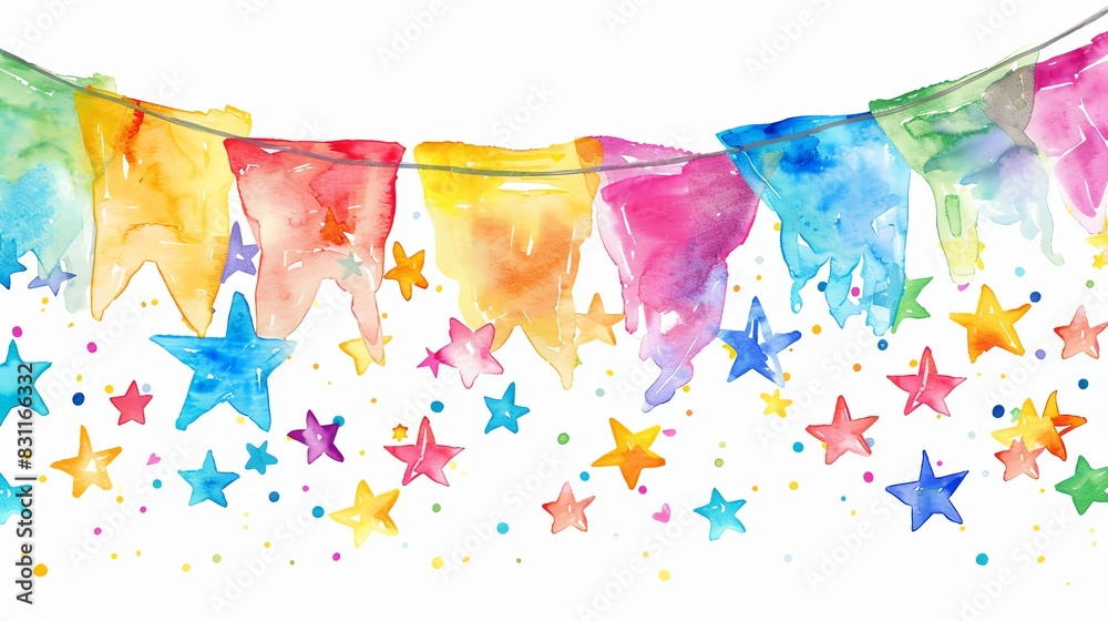 Fototapeta premium Vibrant watercolor bunting and stars. Perfect for celebration, party, or festive event decorations.