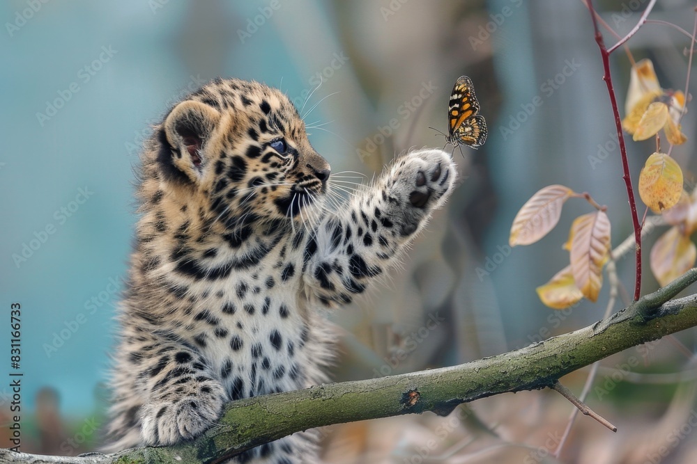 Obraz premium Amur Leopard Pup Playing with Butterfly