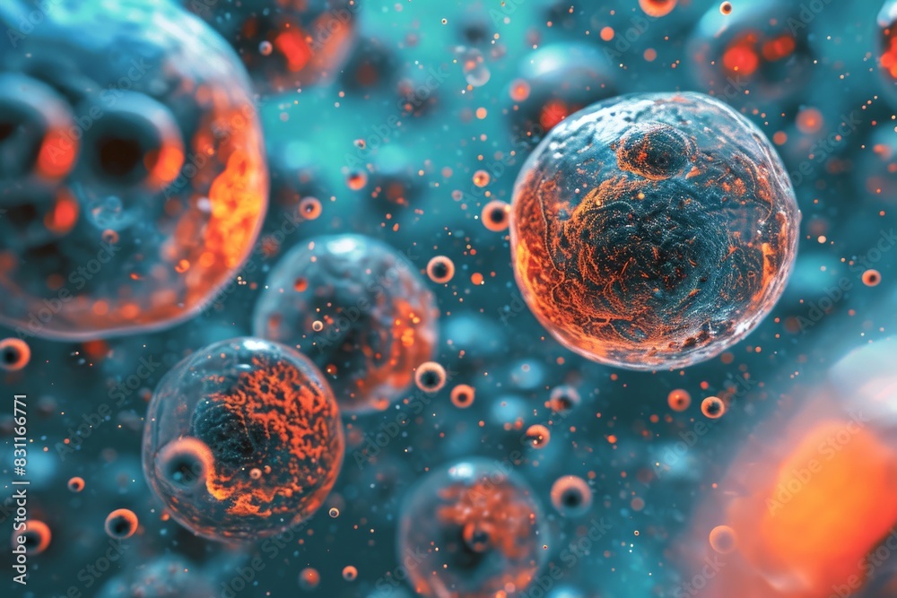 Naklejka premium Microbiological cells, Cancer cells floating in a clear liquid, under a microscope.Ai generated
