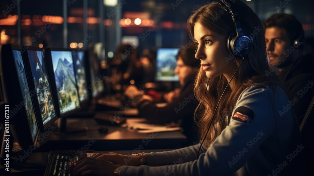 A focused female gamer participates in an esports event, wearing headphones in a room with computer screens A focused female gamer participates in an esports event, wearing headphones in a room with computer screens