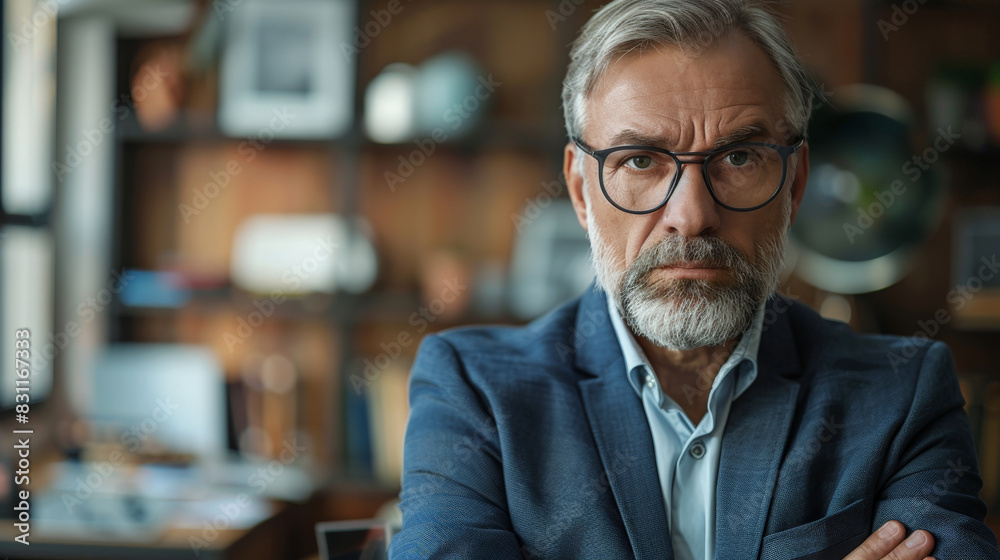 A gray-haired man in glasses and a suit is sitting in an office with his arms crossed. He has a serious expression on his face. A gray-haired man in glasses and a suit is sitting in an office with his arms crossed. He has a serious expression on his face.