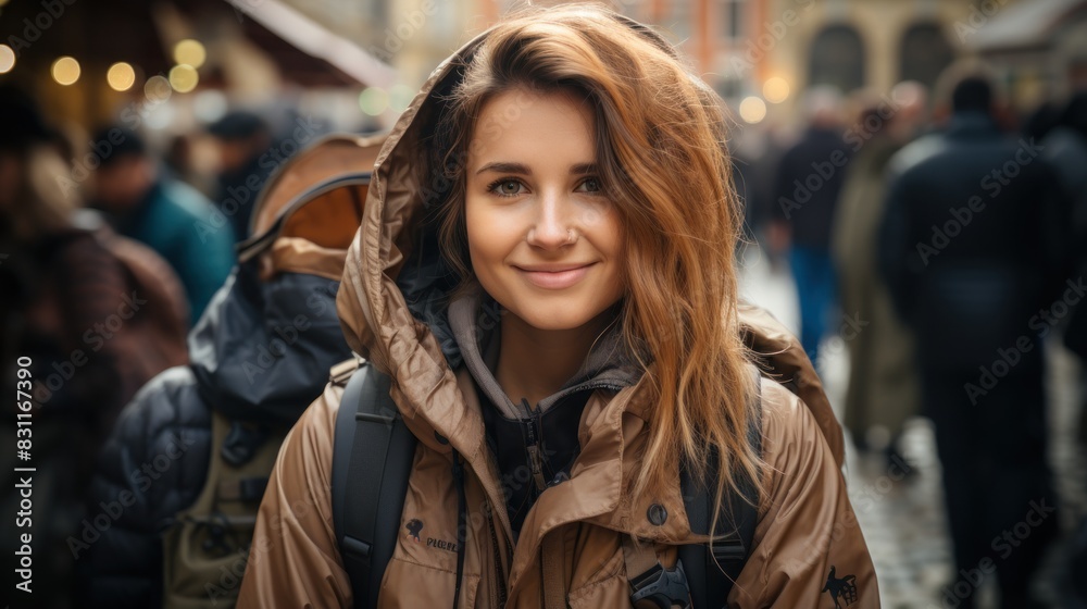 A young woman smiles warmly at the camera in a crowded outdoor urban setting A young woman smiles warmly at the camera in a crowded outdoor urban setting