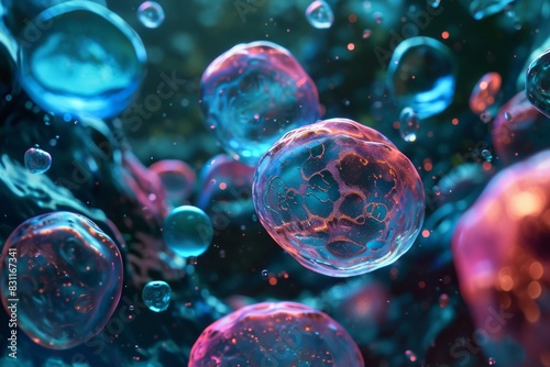 Microbiological cells, Cancer cells floating in a clear liquid, under a microscope.Ai generated