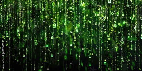 A cascade of green code symbols falling vertically on a black background, reminiscent of the iconic Matrix digital rain