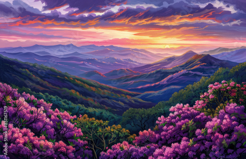 A breathtaking painting of the Great Smoky Mountains. Created with Ai