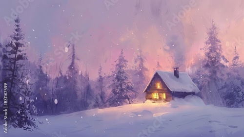 cozy winter cabin in snowy landscape with warm glowing lights and chimney smoke digital painting
