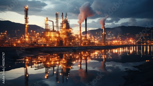 Twilight view of an industrial complex with smoking chimneys reflected in the water, symbolizing energy and pollution