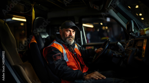 A seasoned truck driver exudes experienced confidence while seated in his vehicle's cabin, ready for the road