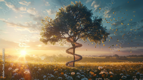 An artistic representation of a tree with leaves shaped like DNA sequences, standing in a vast, sunlit field. The blending of natural and genetic elements creates a striking visual metaphor for the