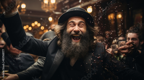 A happy bearded man is celebrating with his arms raised, surrounded by people in what looks like a festive or party atmosphere