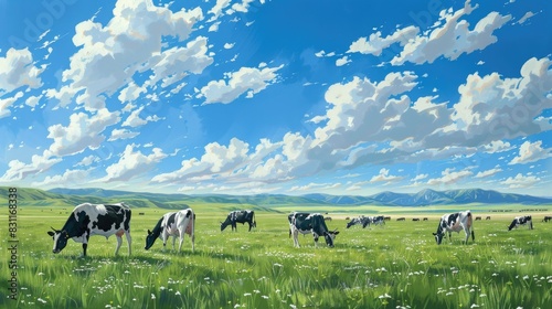 Tranquil Scene: Black and White Cows Grazing Under Realistic Winds, Blue Skies, and White Clouds on the Grasslands of Inner Mongolia
