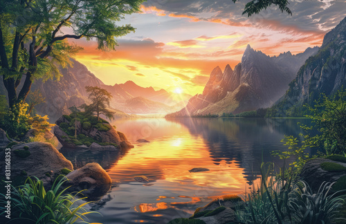 A breathtaking landscape of mountains and water  reflecting the vibrant colors of sunset in an enchanting scene. Created with Ai