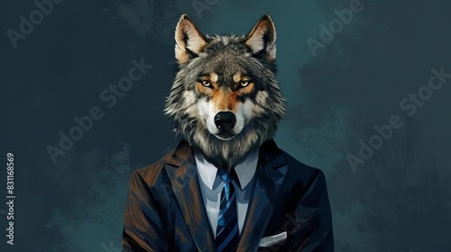 dapper wolf in formal business attire anthropomorphic animal portrait digital art photo