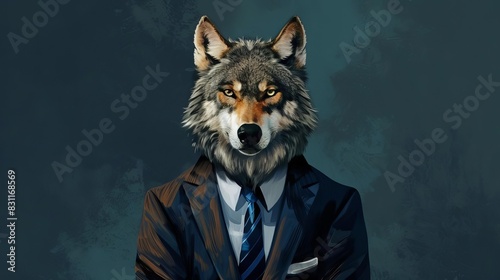 dapper wolf in formal business attire anthropomorphic animal portrait digital art