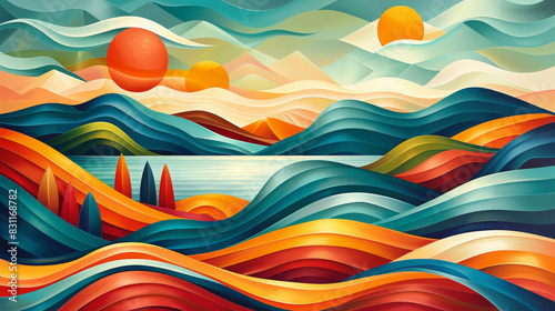 Abstract summer landscape with vibrant colors and geometric shapes, evoking a warm and lively atmosphere photo