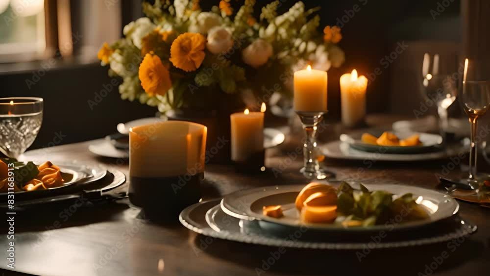 Dining Table Set With Plates and Candles Generative AI Dining Table Set With Plates and Candles Generative AI
