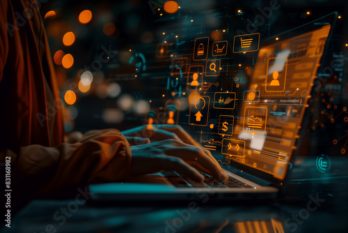 Close-up of Hands on Laptop with Digital Interface, Orange and Blue Tones