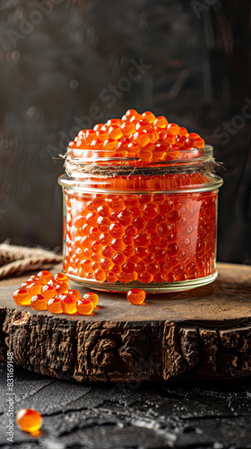 A jar of bright, premium red caviar on a rustic wooden stand, capturing the essence of luxury and fine dining. Haute cuisine. Ideal for a cookbook. Copy space photo