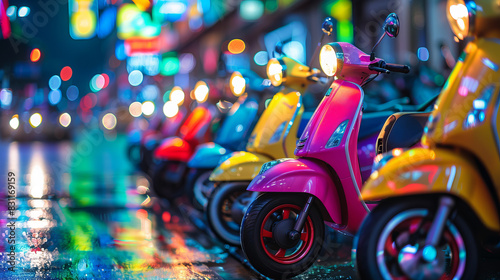 Colorful electric mopeds standing in city. E vehicle for rent. Urban modern transportation and technology concept. photo