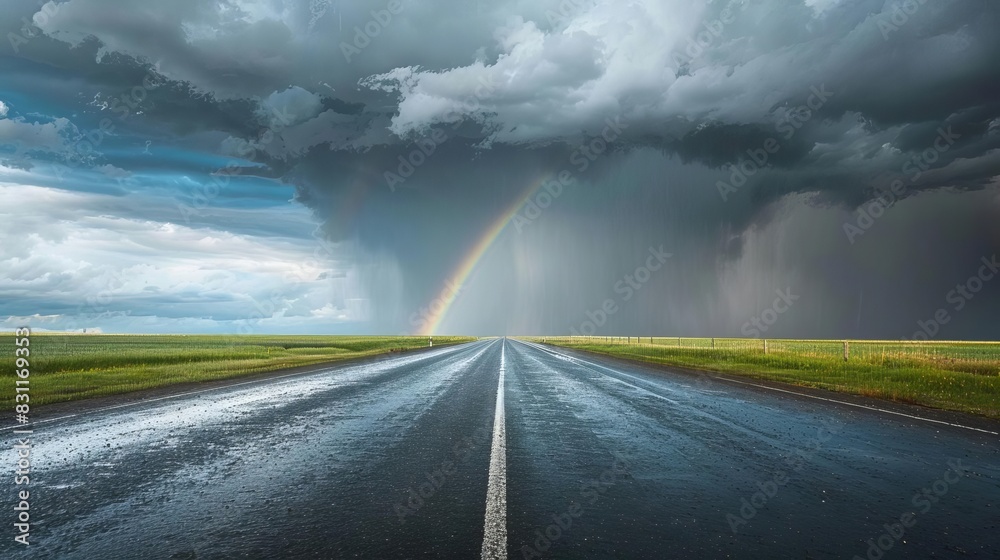 dark storm clouds over distant road with rainfall and rainbow dramatic landscape dark storm clouds over distant road with rainfall and rainbow dramatic landscape